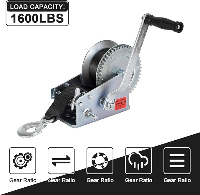 Trailer Boat Winch - 3500 lbs Hand Crank Winch with 26 ft Polyester Strap, Crank Trailer Winch with Heavy Duty Hook for Boat Trailer Towing RV ATV Truck