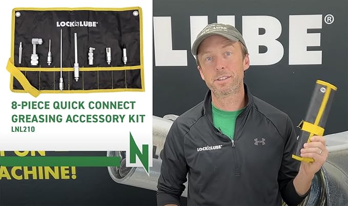 LockNLube 8-Piece Quick Connect Greasing Accessory Kit. Complete grease fitting connection kit. Reach any grease fitting on any machine. The rip-stop case keeps tools clean and portable.