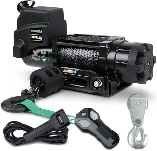 Winch with 1/4"×55 ft Synthetic Rope Electric Winch 12v 6000lbs, Trailer Winch with Wireless Remote &Manual Switch, with Pulley+Rubber Stopper,IP68 Waterproof, for Off Road ATV UTV