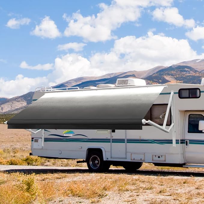 Suncode White Motorized RV Awning Modular Retractable RV Awning Complete Kit for RV,5th Wheel,Travel Trailers,Toy Haulers,and Motorhome RV Trailer Awning for Home or Camper-20x8Ft-Black Fade