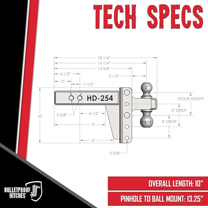 BulletProof Hitches - 2.5" Adjustable Heavy Duty Trailer Hitch (22,000 lb. Rating) - 4" Drop/Rise Trailer Hitch with 2" & 2-5/16" Dual Ball - Powder Coat, Solid Steel, Corrosion-Resistant