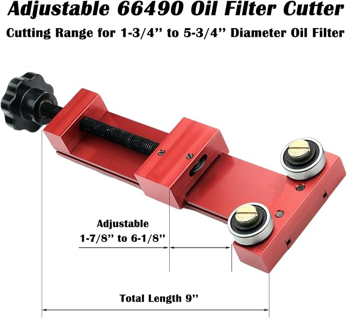 66490 Oil Filter Cutter, Adjustable Cut Range 1-3/4'' to 5-3/4'' Oil Filter Cutting Tool Aluminum, Red