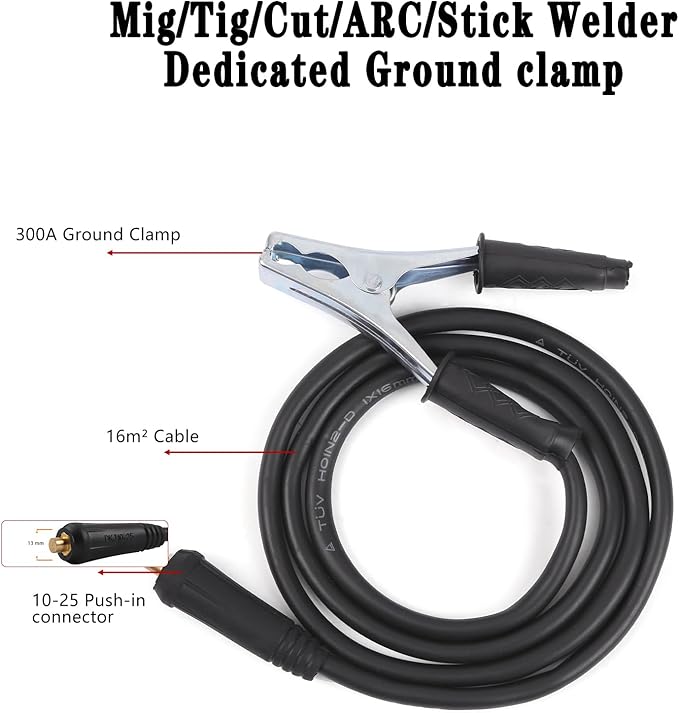 Welding Electrode Holder Lead ARC MMA Stick Welding Ground Clamp and Welding Cable Din 10-25 Connector Plug Stick Electrode Holder Stinger Copper Jaw Holding Plier for 300A Welder Machine