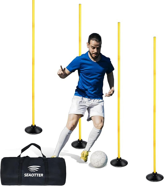 SEAOTTER Soccer Agility Poles Set, 4/6/10 Pcs 6ft Detachable Sports Trainning Speed Poles Slalom Poles with Rubber Base, Agility Training Equipment for Football, Rugby, Basketball, Indoor & Outdoor