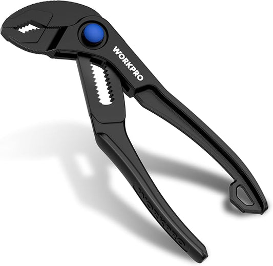 WORKPRO Mini Water Pump Pliers, 4-Inch Groove Joint Pliers, Fast Adjustable Tongue and Groove Pliers with 15-Position Push-Lock, V-Jaw for Multi-Surface Grip, Ideal for Tight Spaces and Versatile Use