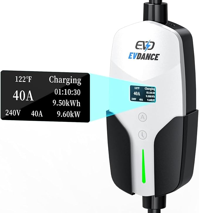 Level 2 EV Charger, 40A, 240V 9.6kW Portable Electric Vehicle Charging Station, NEMA 14-50 Plug, 25ft Cable, Adjustable Current & Timing Delay, J1772 Connector for BEVs/PHEVs