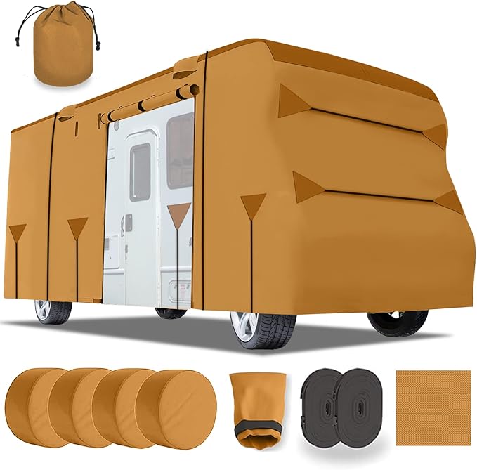 26-29 Ft Class C RV Cover Package Premium Heavy-Duty Waterproof Windproof Anti-UV Breathable Fabric Including 4 Tire Covers and 4 Sharp Edge Covers 2 Secure Straps