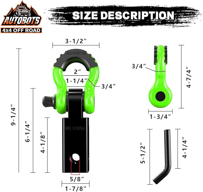 AUTOBOTS Tow Hitch Receiver 2", 45,000 Lbs Break Strength Shackle Hitch Receiver with 5/8" Screw Pin, 3/4 Shackle, Towing Accessories for Vehicle Trailer Recovery Off-Road Green&Black