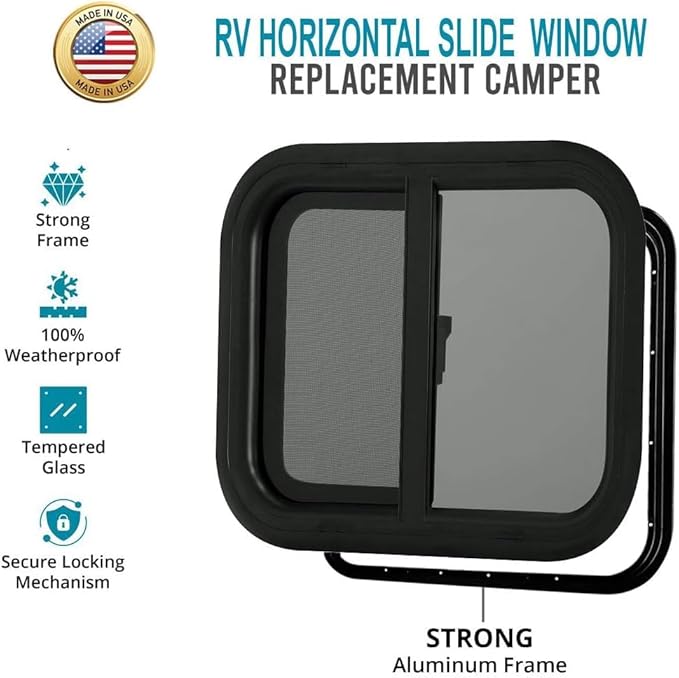 ProFlex RV Horizontal Sliding Window 20" W x 15" H – Heavy Duty Ultra Thick 5mm Tempered Glass, RV Camper Windows Replacement with Trim for 1-1/2’’ Wall Thickness – Easy Installation, DOT Certified