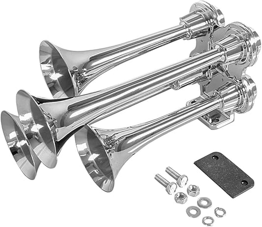 12V/24V Chrome Universal 150DB Super LoudTrain Air Horn Kit, 4 Trumpet Chrome Design for Trucks, Pickups, Cars, and Boats, 11.8/11.8/9/9 inch