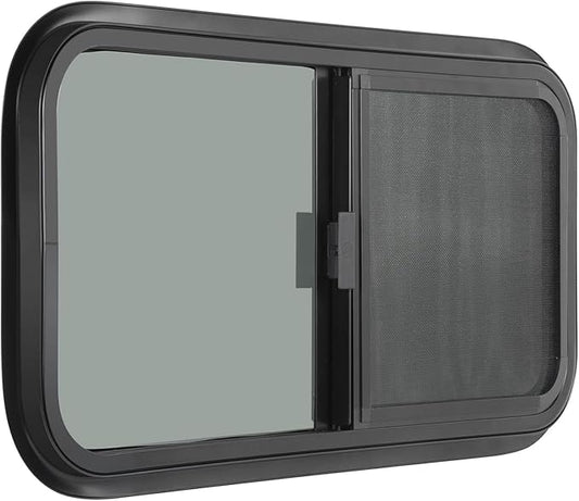 Horizontal RV Window, 30" W x 24" H Tinted Sliding RV Window with Net Screen and Trim Ring, Suitable for 15/16" or 1-3/8" and Slightly Thicker Up to 1/16" Walls, DOT Approved