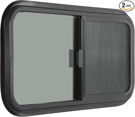 2 Pack Horizontal RV Window, 30" W x 24" H Tinted Sliding RV Window with Net Screen and Trim Ring, Suitable for 15/16" or 1-3/8" and Slightly Thicker Up to 1/16" Walls, DOT Approved