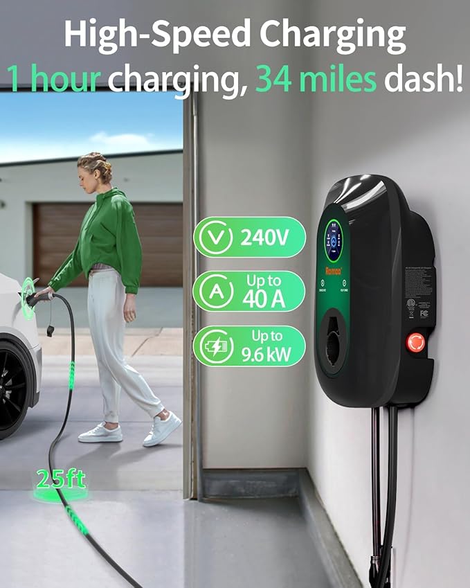 Romaa Level 2 EV Charger J1772 40 Amp Plug in, 240V Home Charging Station Wallbox, NEMA 14-50, 9.6 kW, Adjustable 8 to 40A, ETL Listed, FCC Part 15, NEMA Type 4, 25 ft, App WiFi Smart Display
