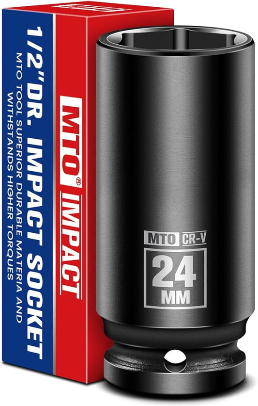 MTO 1/2" Drive 24mm Deep Impact Socket, 6-Point Metric Socket for Automotive Maintaince, CR-V Steel Meets ANSI Standards