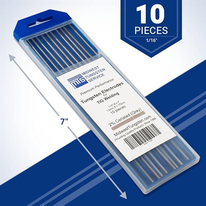 Midwest Tungsten Service TIG Welding Tungsten Electrodes 10-Pack (Grey - 2% Ceriated Tungsten (WC20/EWCe-2), 1/16")