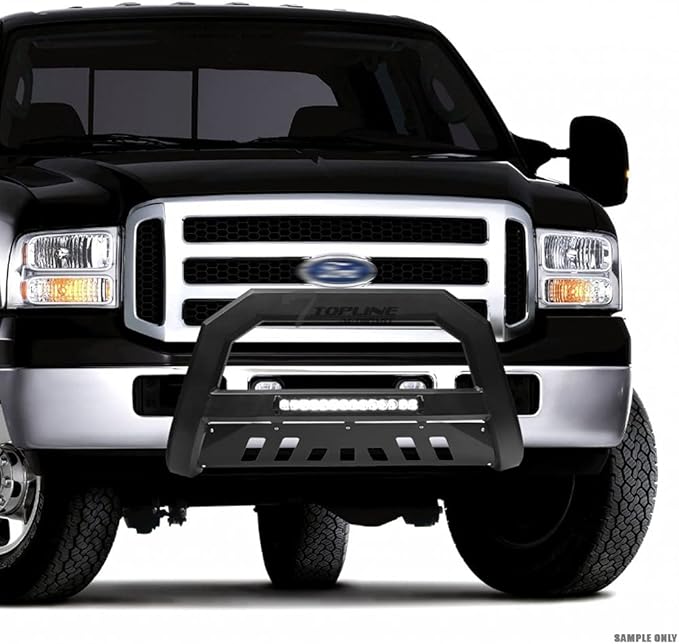 Matte Black AVT Style Aluminum LED Light Bull Bar Brush Push Front Bumper Grill Grille Guard with Skid Plate Compatible with 07-09 Jeep Wrangler JK