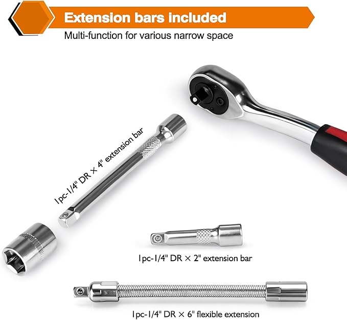 Egofine 46 Pieces 1/4 inch Drive Socket Ratchet Wrench Set, with 72-Teeth Ratchet Wrench, S2 Bit Socket Set, Extension for Auto Repairing and Household, with Storage Case
