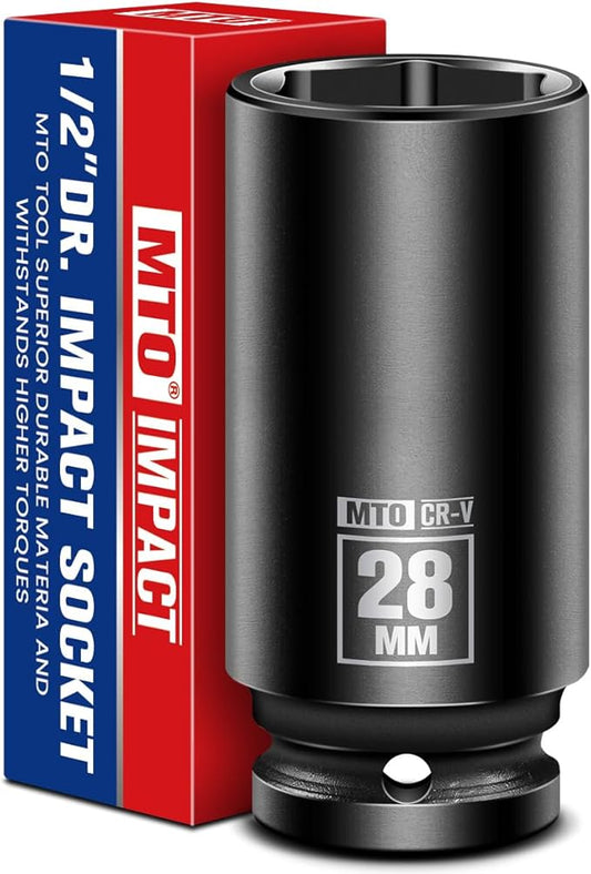 MTO 1/2" Drive 28mm Deep Impact Socket, 6-Point Metric Socket for Automotive Maintaince, CR-V Steel Meets ANSI Standards
