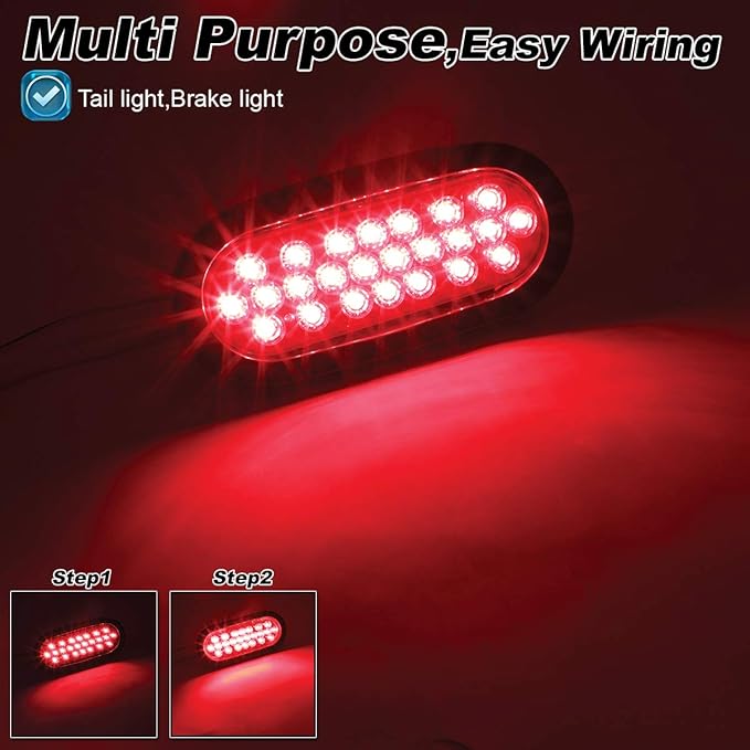 2 Pcs 6 Inch Oval Smoked Lens Red Multi-Function Tail Lights Brake Stop with Rubber & Plug for Truck Trailer Tow Bus 12V DC Shockproof 24LED