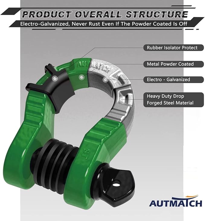 AUTMATCH D Ring Shackle 3/4" Mega Shackle (2 Pack) 68,000Ibs Break Strength - Heavy Duty Clevis Shackle with 7/8" Screw Pin & Isolator Washer for Tow Strap Winch Off Road Vehicle Recovery, Dark Green