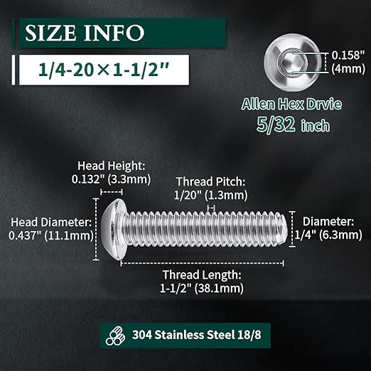 1/4-20 x 1-1/2" Button Head Socket Cap Bolts Screws, 304 Stainless Steel 18-8, Allen Hex Drive, Bright Finish, Fully Machine Thread, Pack of 100