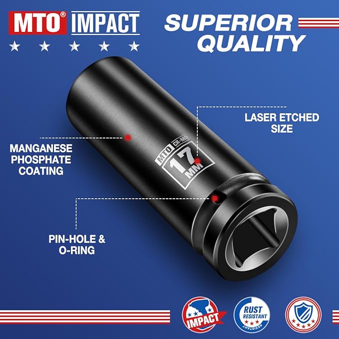 MTO 1/2" Drive 17mm Deep Impact Socket, 6 Pt. Metric Socket, CR-MO Steel & Anti-Corrosion Coating for Heavy-Duty Use