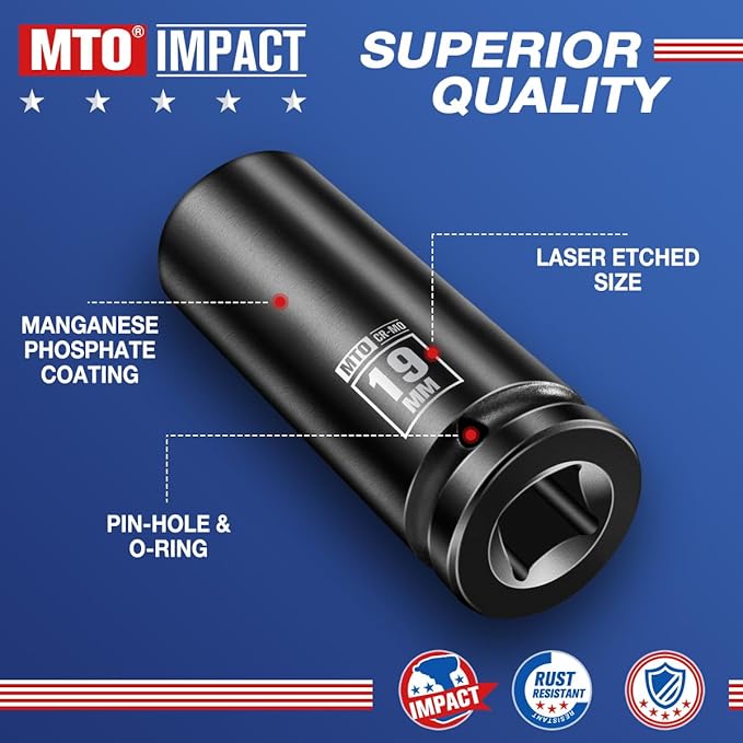 MTO 1/2" Drive 19mm Deep Impact Socket, 6 Pt. Metric Socket, CR-MO Steel & Anti-Corrosion Coating for Heavy-Duty Use