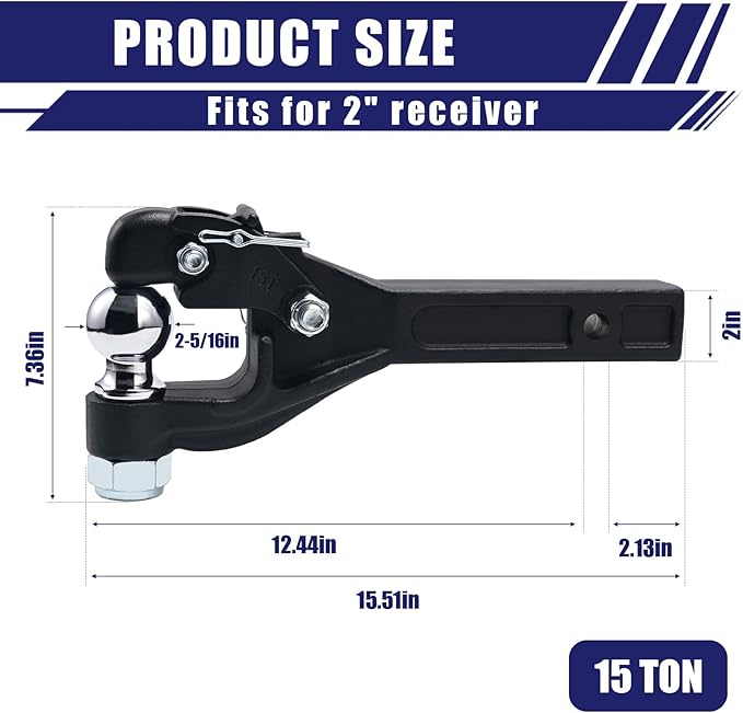 Jextra Pintle Hitch 15 ton with 2-5/16 Inch Hitch Ball Suitable for 2 Inch Pintle Hitch Receiver and Hitch Receiver Pin Lock Black Powder Coat 33000LB