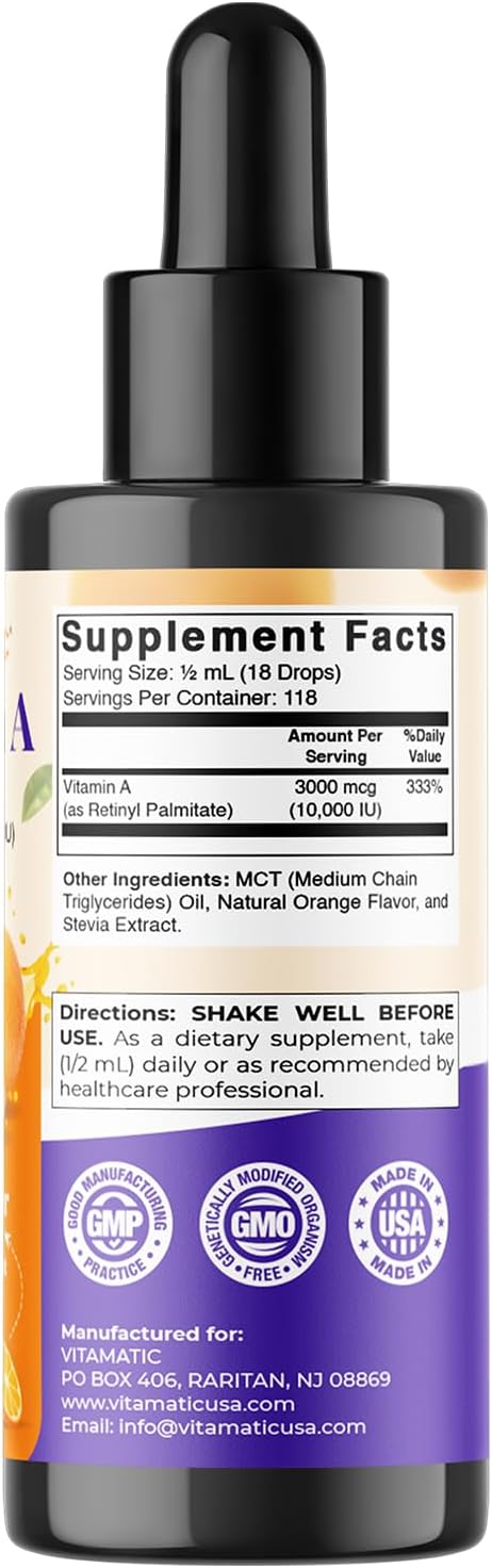 Vitamatic Sugar Free Vitamin A Liquid Drops 10000 IU (3000 mcg) as Retinyl Palmitate - Approximate 4 Months Supply - Immune Support, Eye Health, Skin Health - 2 FL OZ (59 ml)