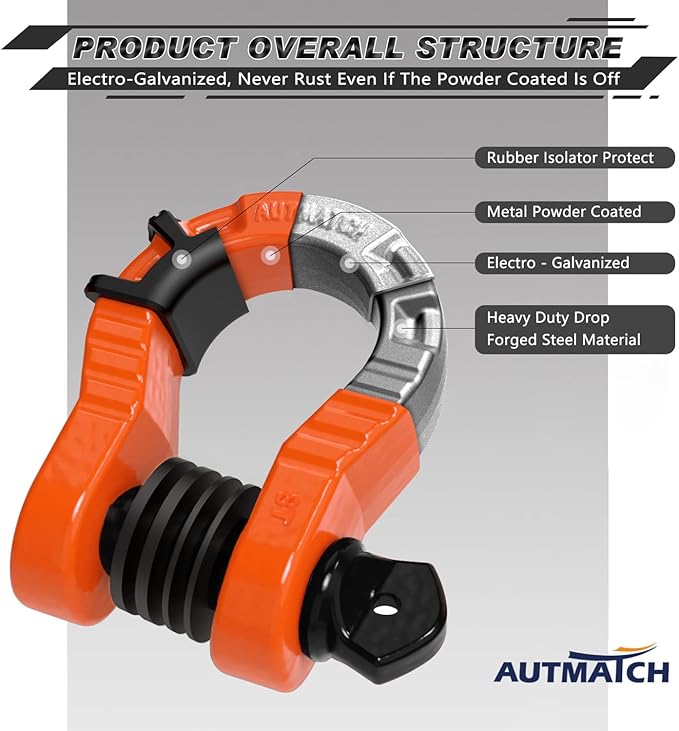 AUTMATCH D Ring Shackles 3/4" Mega Shackle (2 Pack) 68,000Ibs Break Strength - Heavy Duty Clevis Shackles with 7/8" Screw Pin and Isolator Washer for Tow Strap Winch Off Road Vehicle Recovery, Orange