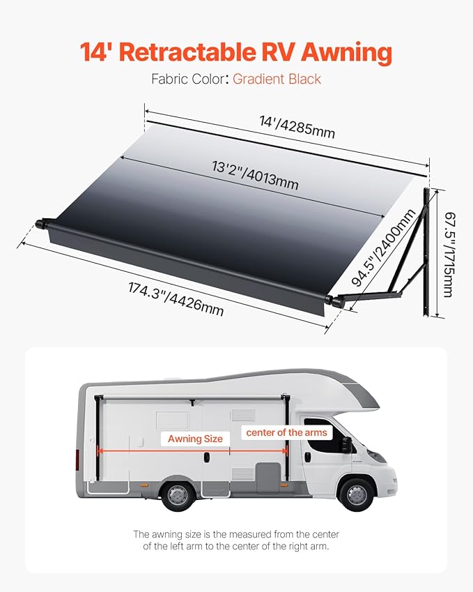VEVOR Motorized RV Awning Complete Kit, 14' Retractable Awning with Aluminum Alloy Frame, Outdoor Trailer Awning, Fit for Most RVs(Black Fade)