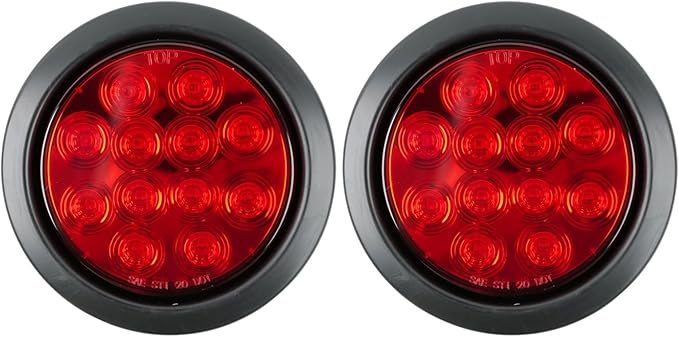 2Pcs 4.2 inchRed Round LED tail trailer light 12 LEDs IP67 Waterproof Stop Brake Turn Signal Reverse marker Tail Light Surface Mount, Light for boat trailer (4" Round Red)