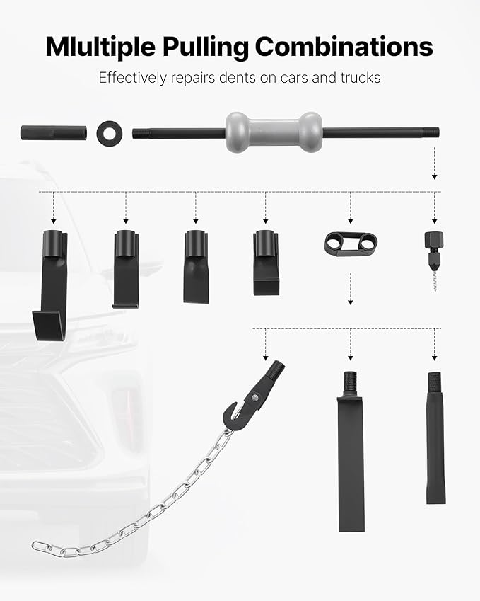 VEVOR Dent Puller Kit, 10 lbs 13-in-1 Slide Hammer Dent Removal Kit, Heavy-Duty Auto Body Truck Repair Automotive Damage Remover Tool Repair Frame with Carrying Case, Extension Rod, Non-Slip Handle