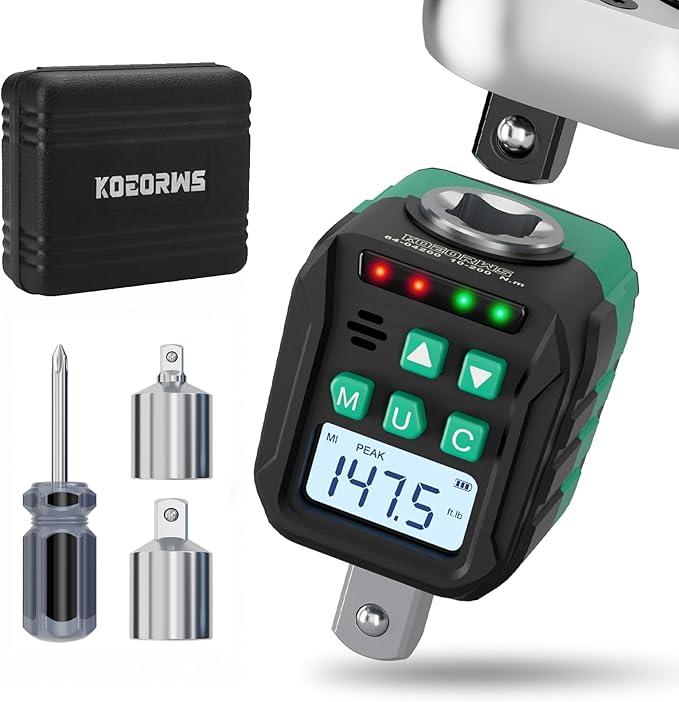 1/2-Inch Digital Torque Adapter, 7.38-147.5 Ft.lb/10-200 N.m, Electronic Torque Wrench Converter with ±2% Accuracy, Preset Function, Data Storage, 3/8” & 1/4” Adapter for Bike, Moto, Car