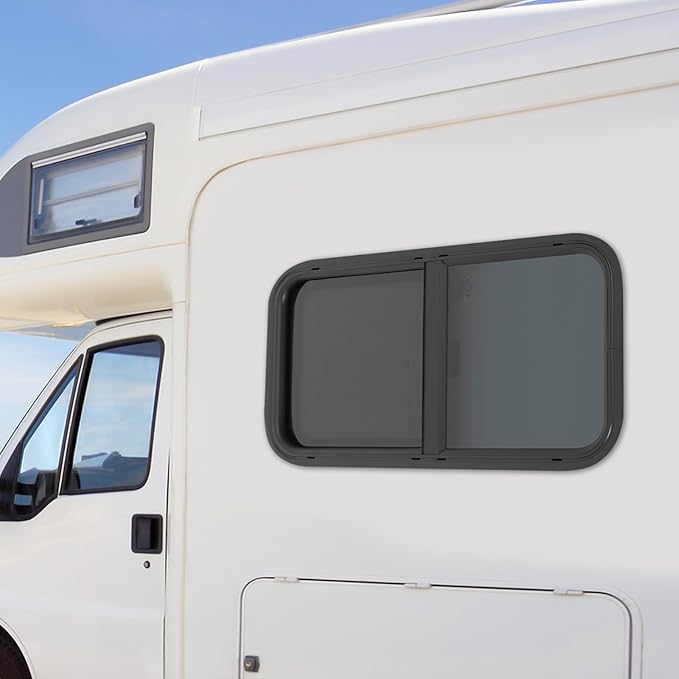 RV Window, Teardrop Horizontal Slide Black RV Window, Universal RV Window 30" W x 15" H Horizontal Sliding Window Camper Trailer Window Horizontal Sliding Replacement Glass W/Trim Ring
