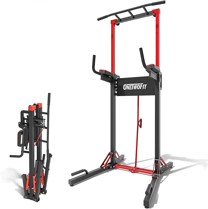 ONETWOFIT Foldable Power Tower Pull Up Bar Station, Multi-Function Adjustable Height Dip Station for Home Gym Workout, Strength Training Fitness Equipment, Pull Up Stand