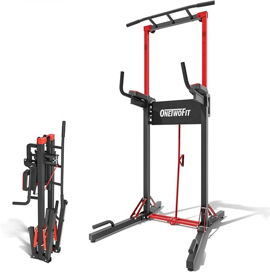 ONETWOFIT Foldable Power Tower Pull Up Bar Station, Multi-Function Adjustable Height Dip Station for Home Gym Workout, Strength Training Fitness Equipment, Pull Up Stand