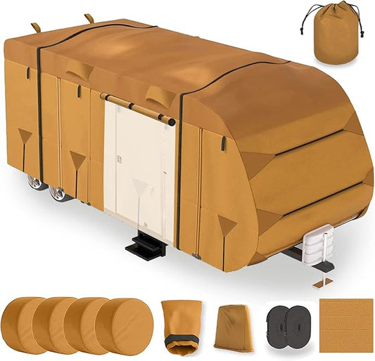27-30ft Travel Trailer Camper RV Cover Package Premium Heavy-Duty Waterproof Anti-UV Breathable Fabric Including Jack Cover 4 Tire Covers and 2 Secure Straps