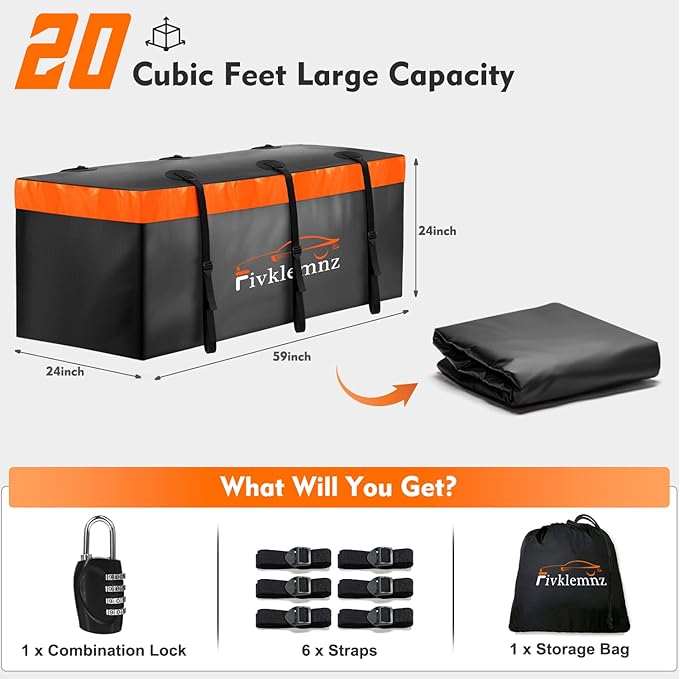Hitch Mount Cargo Carrier Bag, 20 Cubic Feet 100% Waterproof Car Tray Luggage Bag (59" 24" 24") with 6 Reinforced Straps + 1 Combination Lock, Fits for All Vehicles with Steel Trailer Basket