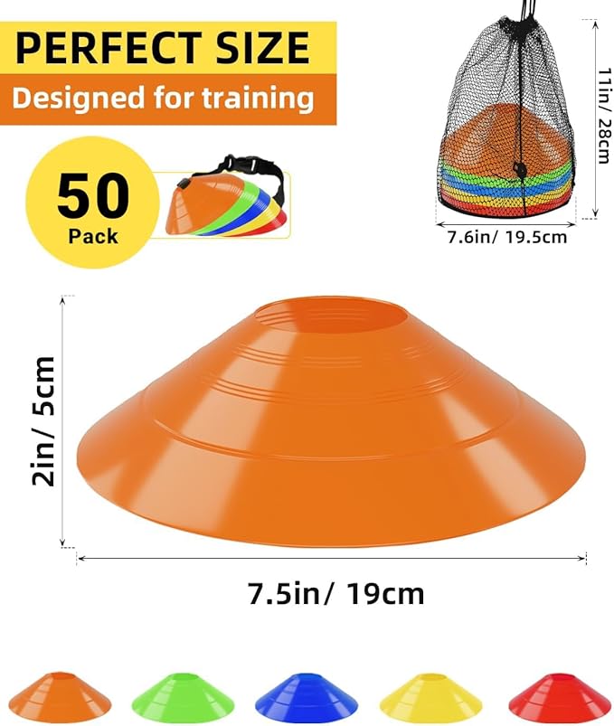 duskeep100/50 Pack Soccer Cones, Disc Cones for Sports Training with Mesh Bag, Sports Cones for Training Drills Practice