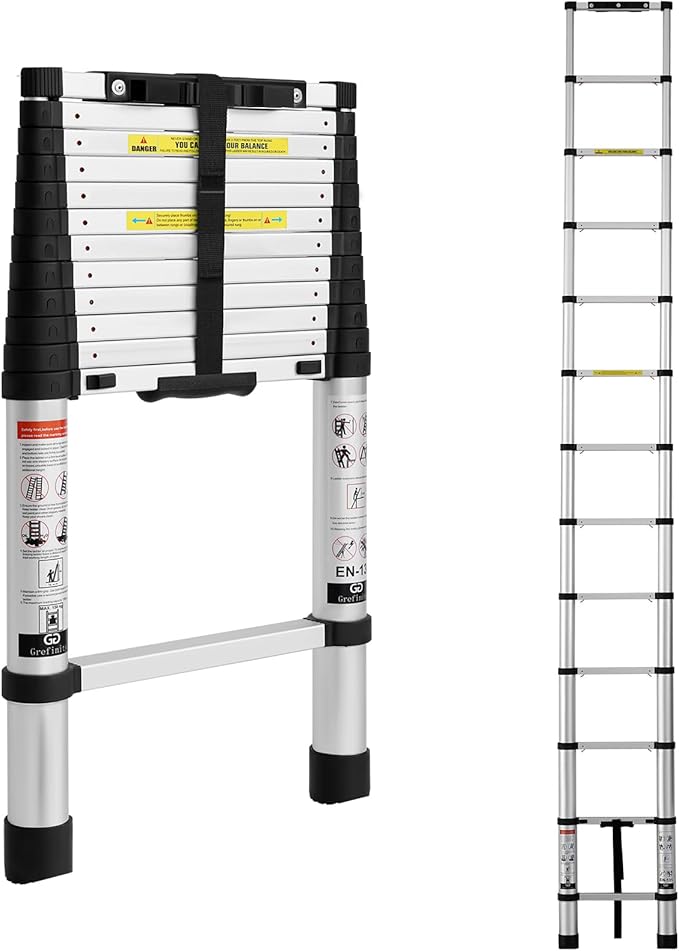 12.5 FT Aluminum Telescoping Ladder, One Button Retraction Extension Ladder, 375 lbs Load Capacity with Non-Slip Wide Feet, Compact Portable for Indoor Outdoor Use, RV, Attic and Roof Use
