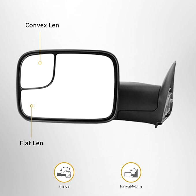 DWVO Towing Mirror fit 1994 1995 1996 1997 1998 1999 2000 2001 Dodge Ram 1500, 94-02 Dodge Ram 2500 3500, Manual Folding Flip Up Tow Mirror Pair Set