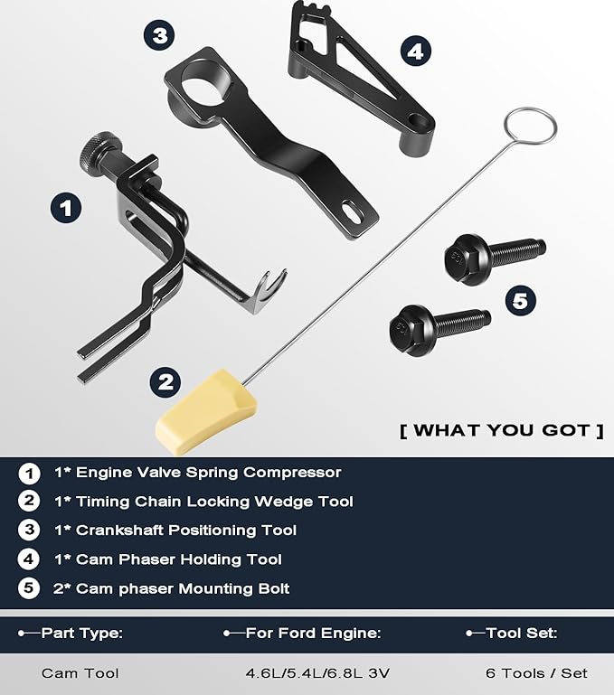 Timing Belt Tools Kit For Ford 4.6L 5.4L 6.8L 3V Engines, Valve Spring Compressor Tool Kit, Cam Phaser Holding Tool, Timing Chain Wedge Tool, Crankshaft Positioning Holder and Cam Phaser Mounting Bolt