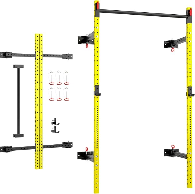 Soozier Folding Squat Rack with Adjustable Pull-Up Bar, 1000 Pounds Capacity Wall Mounted Power Rack, Adjustable Barbell Rack with J Hooks for Home Gym Full Body Workout