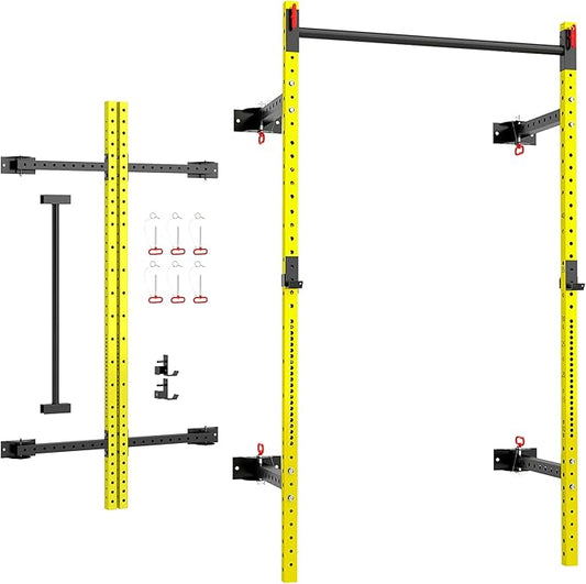 Soozier Folding Squat Rack with Adjustable Pull-Up Bar, 1000 Pounds Capacity Wall Mounted Power Rack, Adjustable Barbell Rack with J Hooks for Home Gym Full Body Workout