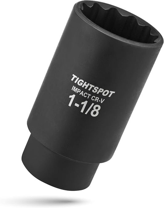 TIGHTSPOT 1/2 Inch Drive - 1 1/8 Inch Deep Impact Socket with Anti-Rounding 12 Point Design, Heat-Treated CRV Steel