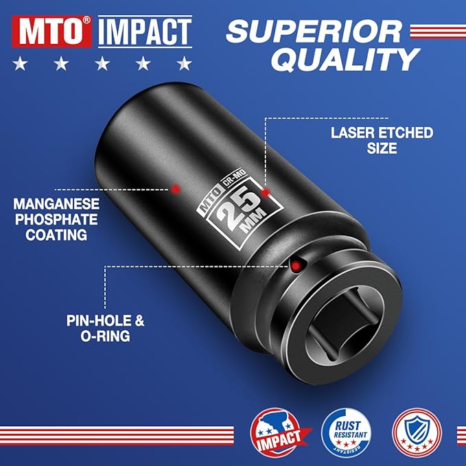 MTO 1/2" Drive 25mm Deep Impact Socket, 6 Pt. Metric Socket, CR-MO Steel & Anti-Corrosion Coating for Heavy-Duty Use