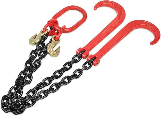 3' x 3/8" G80 V-Chain Bridle w/ 15” J Hooks and Grab Hooks, 7100lbs Safe Working Load Towing Hooks for Flatbed Truck Wrecker Recovery
