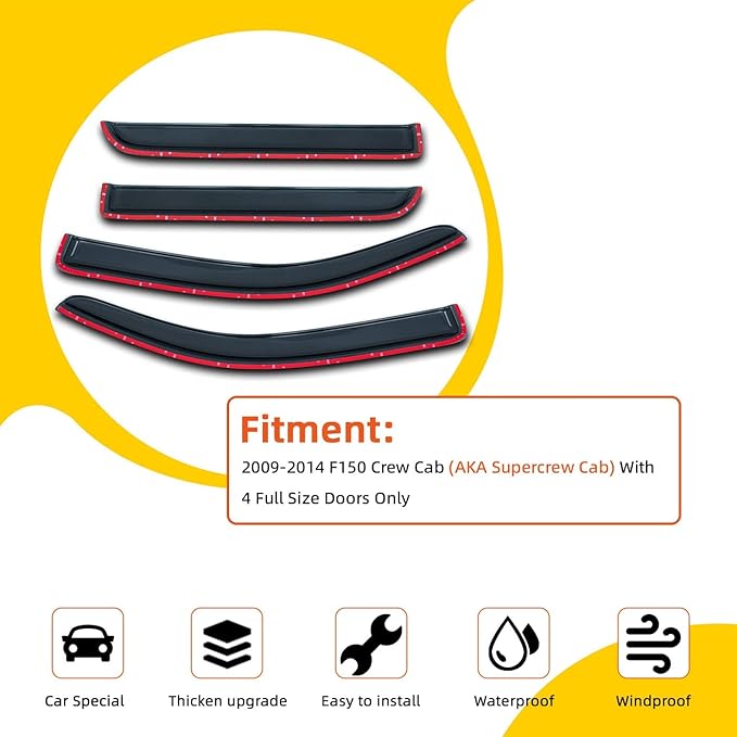 Window Visor Rain Guards Compatible with 2009-2014 Ford F-150 SuperCrew & Crew Cab Smoke Window Wind Deflector Vent Visors for Trucks Accessories Outside Mount Tape-On 4 Pieces 10 11 12 13