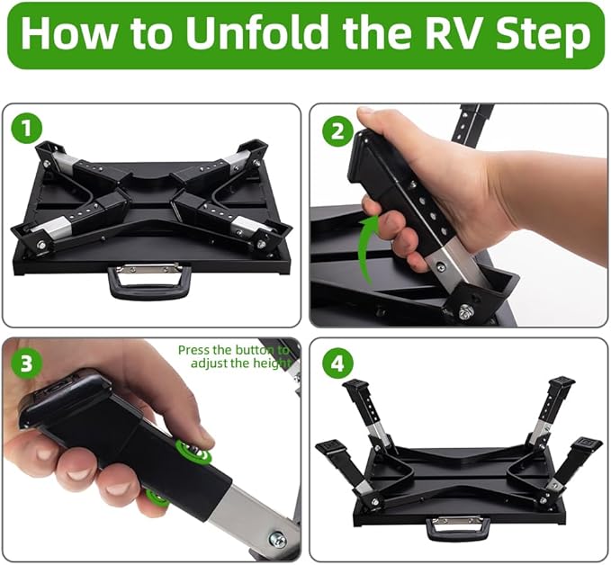 Homeon Wheels RV Step Stool, Adjustable Height Folding Aluminum Platform, Non-Slip Rubber Feet, Reflective Stripe, Handle, RV T Level, 1000 lbs, 16.5" x 12.2", for Trailer, Truck, Outdoor Use, Black